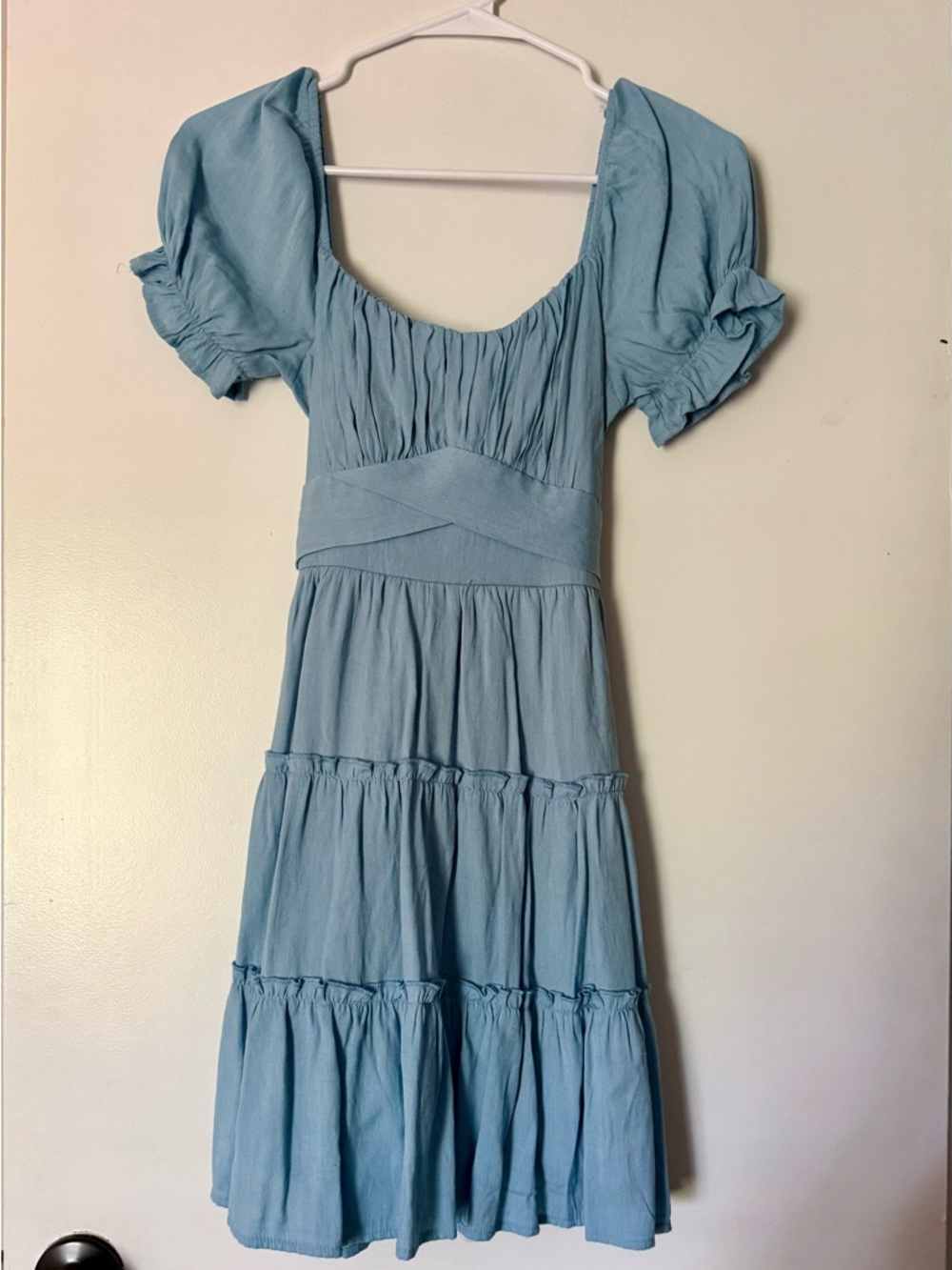 Light Blue Puff Sleeve Tiered Dress